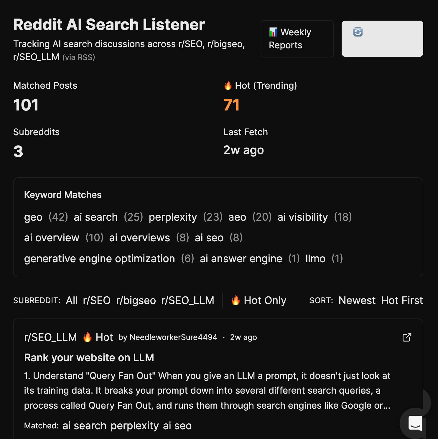 A dashboard for "Reddit AI Search Listener", showing stats like 101 matched posts, 71 trending, and a list of keyword matches.