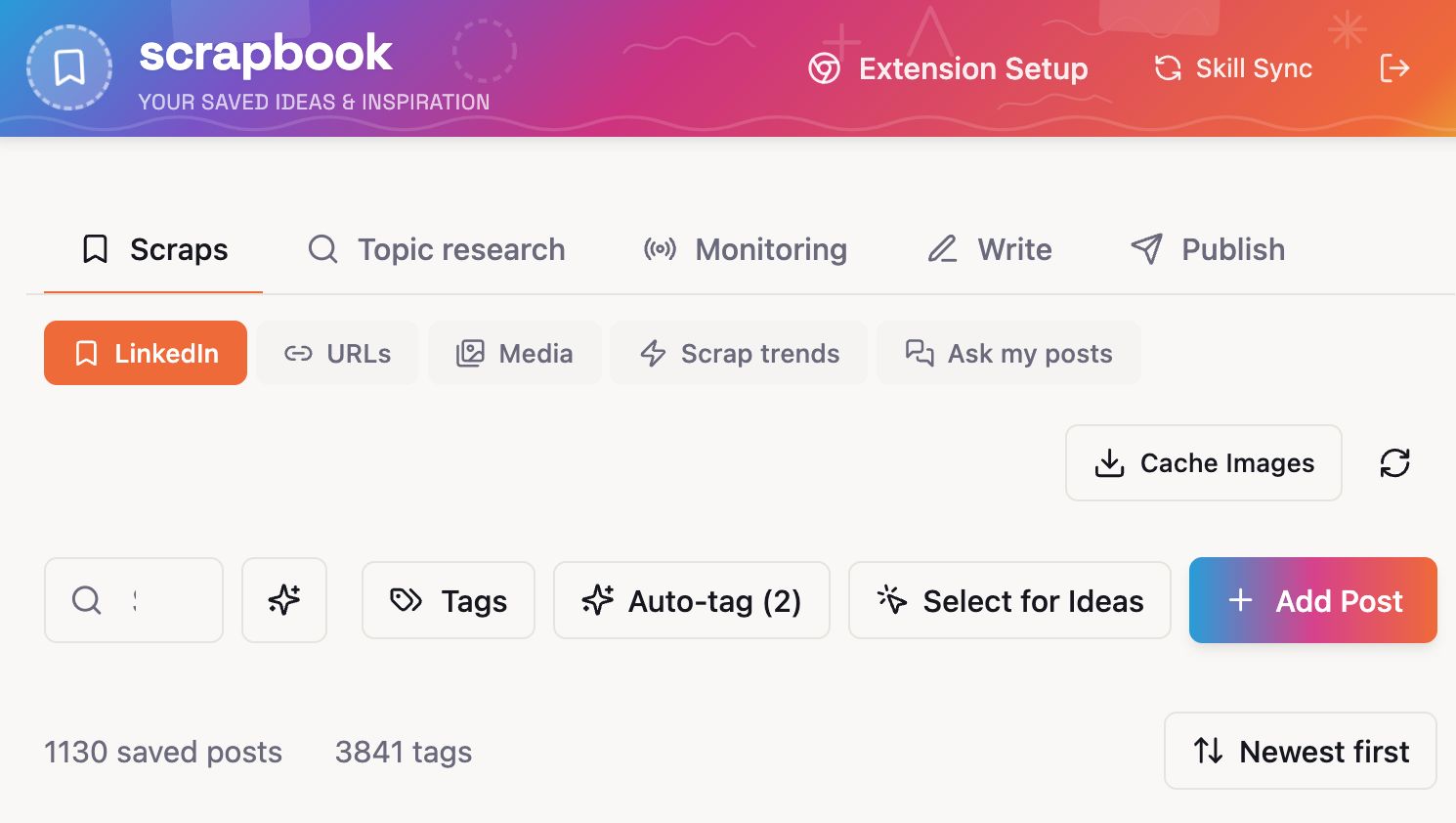 A dashboard labeled "scrapbook" for saving ideas. It shows tabs like "Scraps," "Topic research," and "Monitoring."