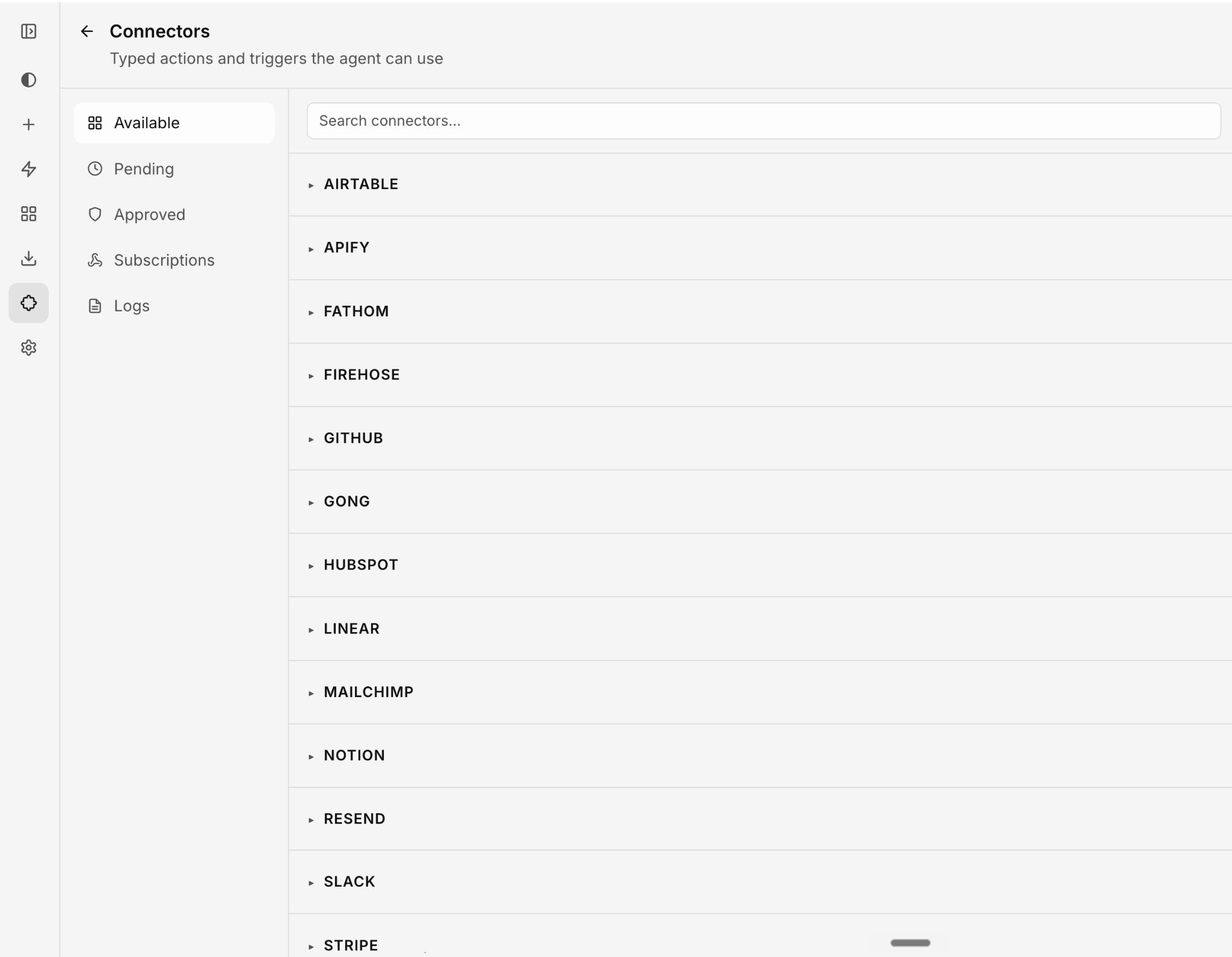 A screenshot of a "Connectors" page, listing integrations like Airtable, Apify, Fathom, Github, Hubspot, and Slack.