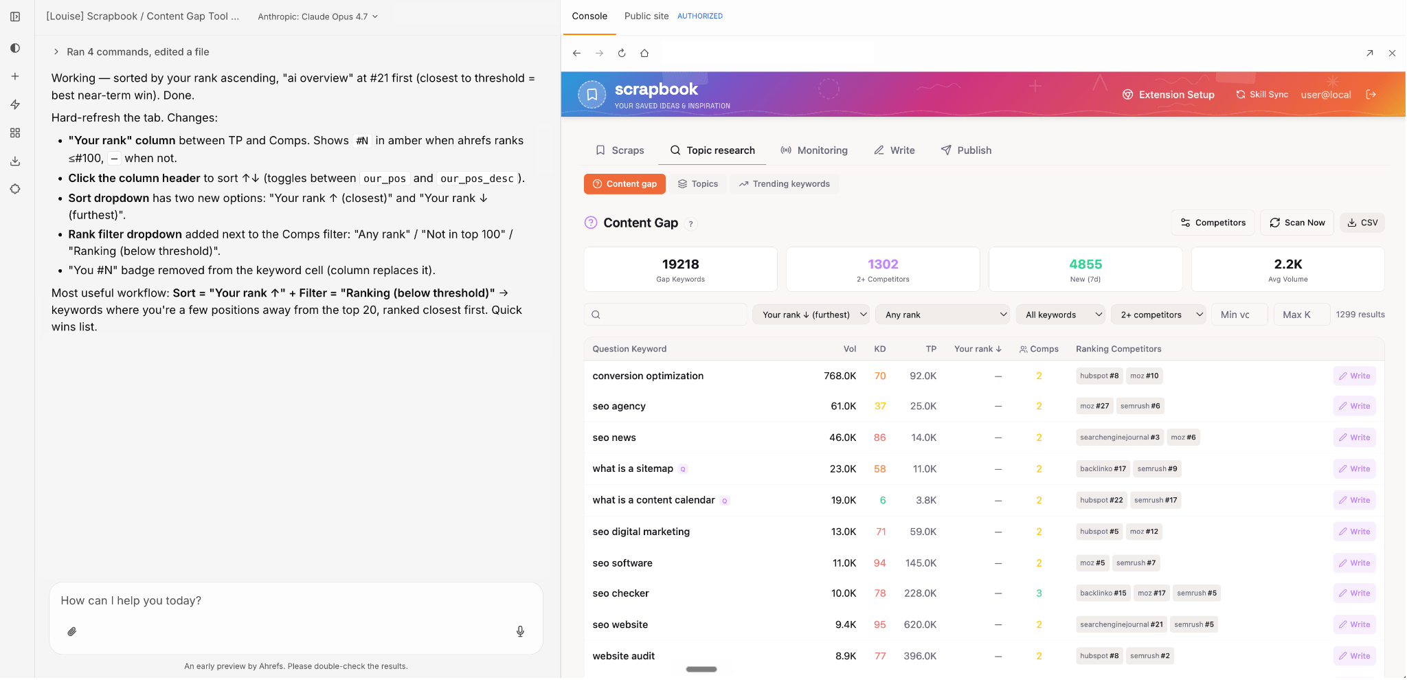 A screenshot of a "Content Gap" tool showing keyword data, ranking information, and competitor analysis, with new UI feature notes.
