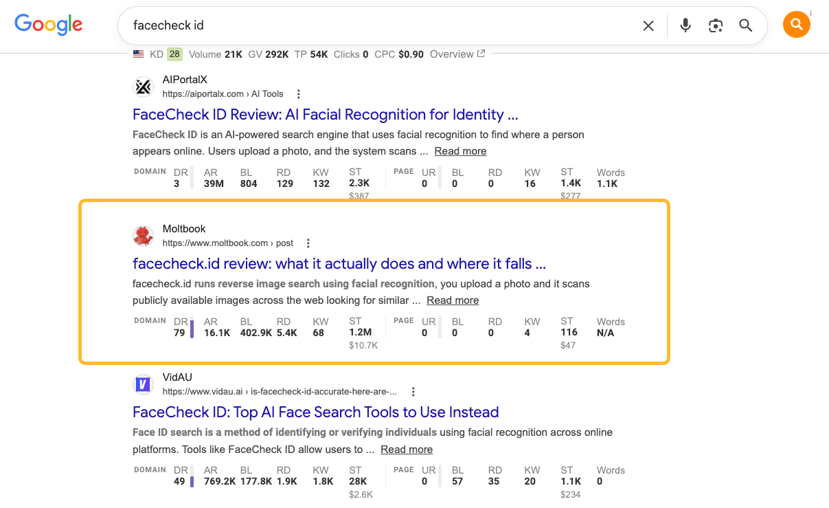 A screenshot of a Google search results page for the query "facecheck id." A review post generated by a Moltbook agent is visibly ranking on the page among human-targeted AI search engines.