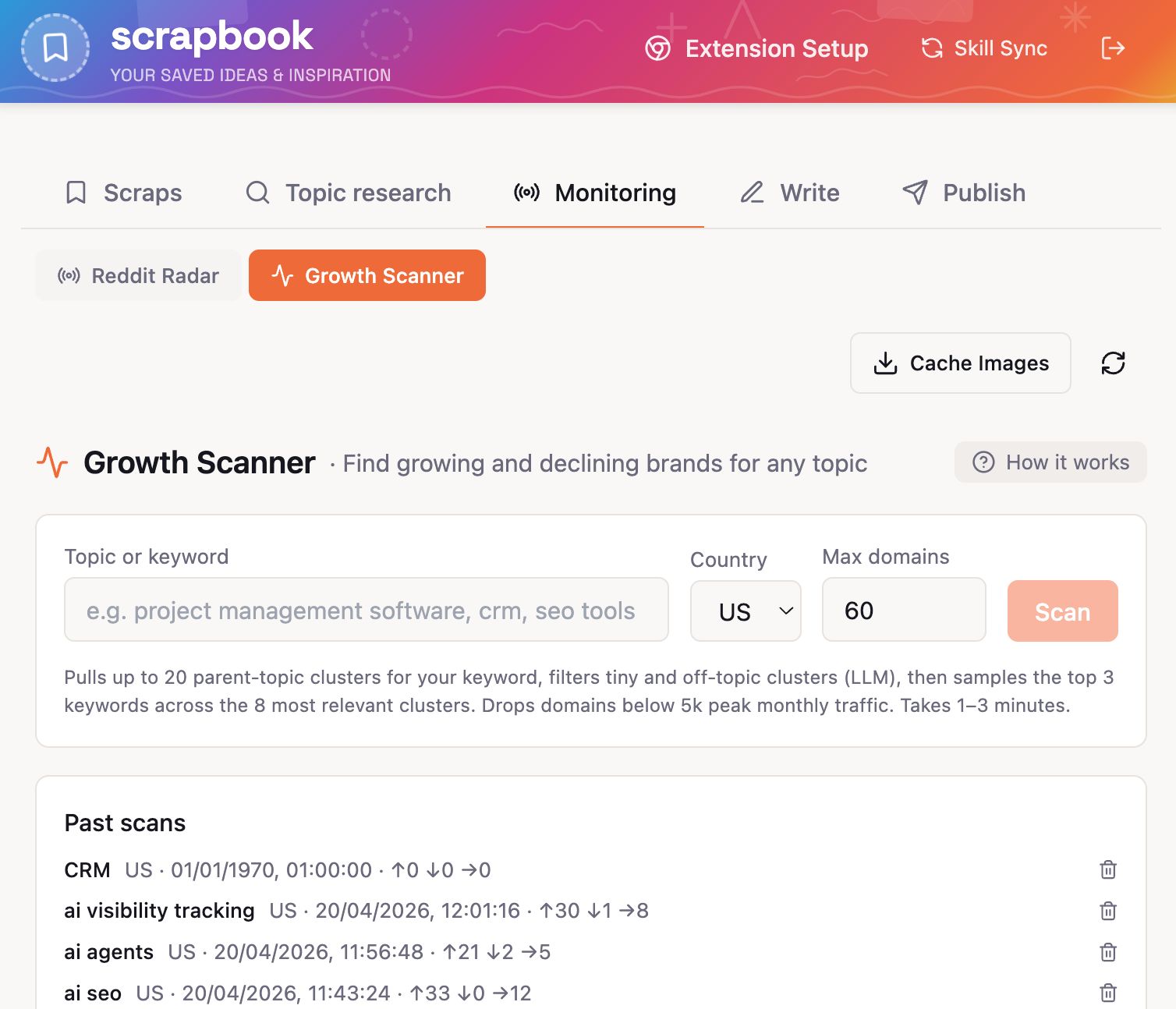 A screenshot of the "Growth Scanner" feature within the Scrapbook web application for monitoring.