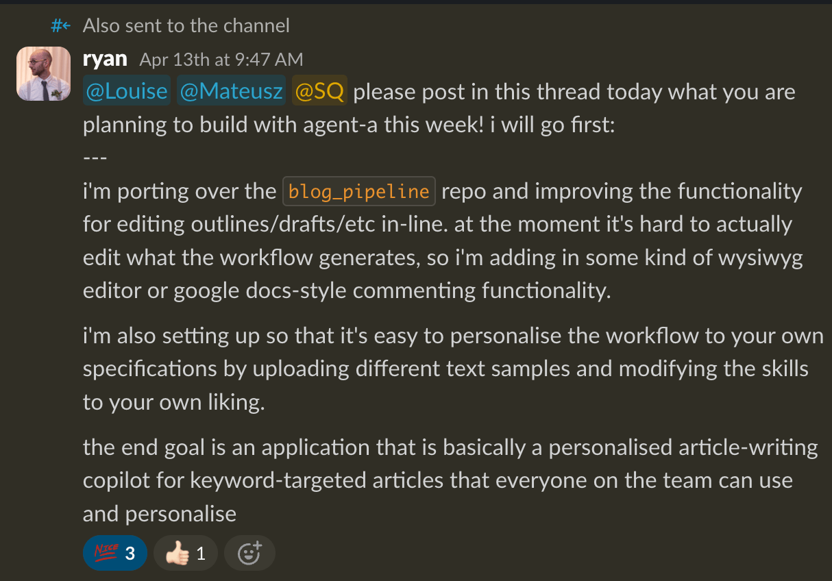 A Slack message from Ryan on April 13th, outlining his plans to build a personalized article-writing copilot.
