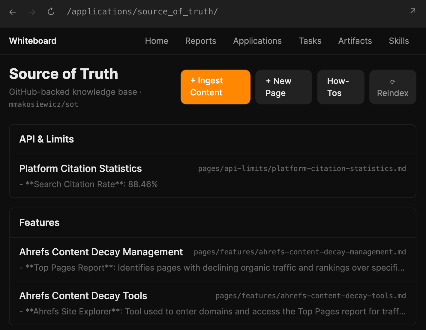 A "Source of Truth" workspace dashboard linked to a GitHub knowledge base back-end repository, showing operational data management widgets for platform citation metrics and content decay management. Screen from Agent A.