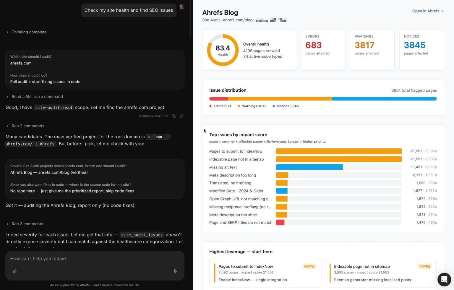 A split-screen user interface from Agent A showing a chat window on the left directing a site health check, paired with an Ahrefs Blog Site Audit dashboard on the right featuring health scores, error counts, and prioritized lists of indexing issues.