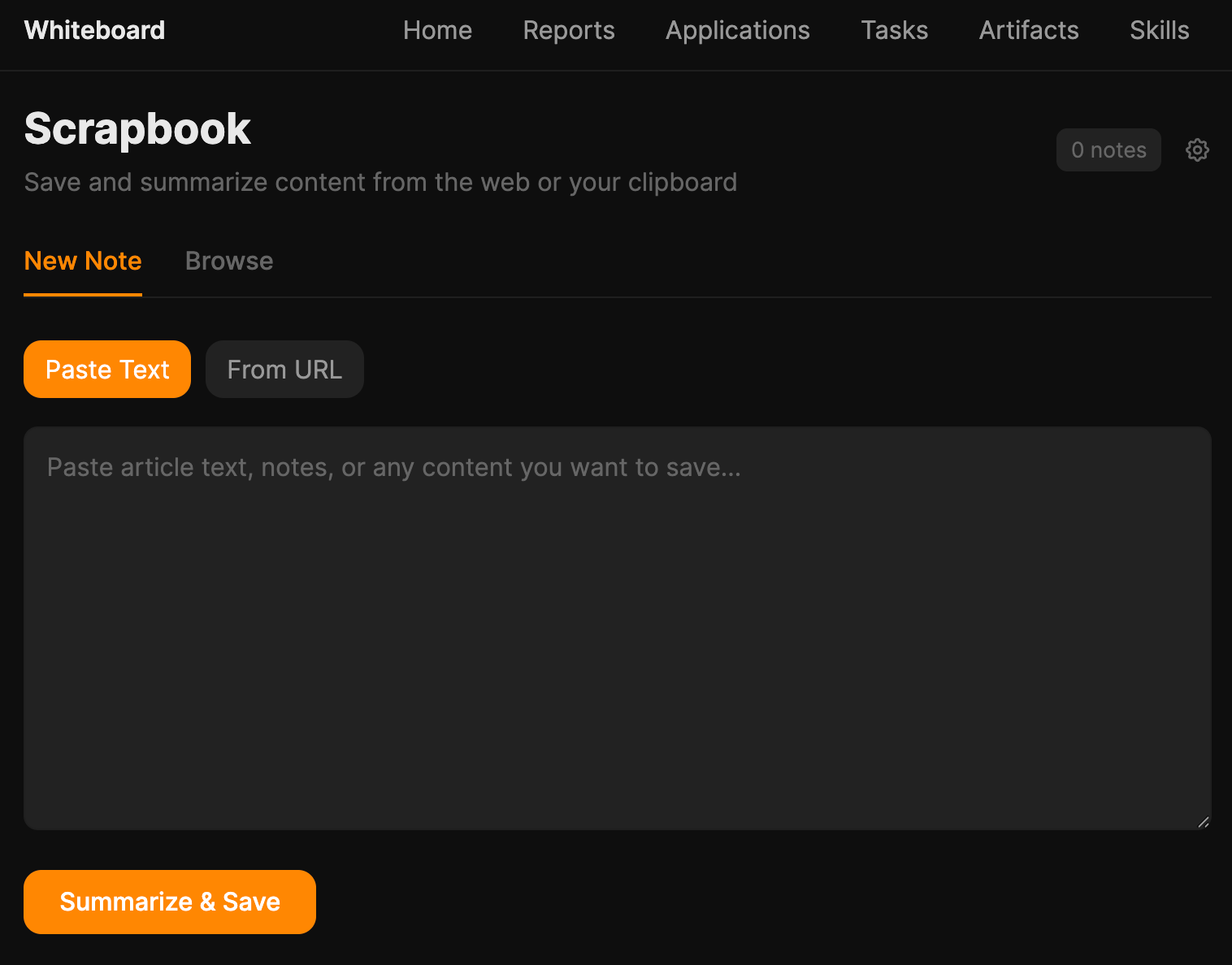 A UI for "Scrapbook" allows users to "Paste Text" or "From URL" into a text area for "Summarize & Save".