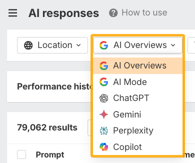Ahrefs Brand Radar showing all AI indexes that data is available for including ChatGPT, Perplexity, AI Overviews, Ai Mode and more