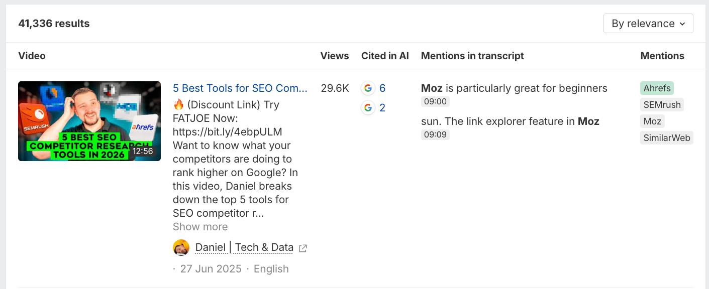 Ahrefs Brand Radar YouTube video results