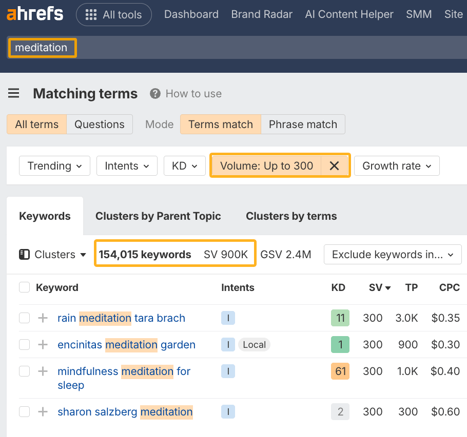 Ahrefs' Matching Terms report with volume filter applied
