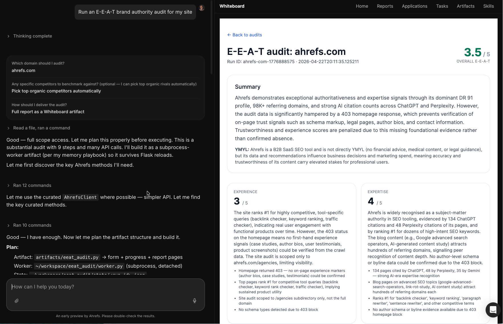 An interactive E-E-A-T site authority review page for ahrefs.com providing a 3.5 out of 5 total rank score, supported by core textual analytics cards separating localized experience, expertise, and author credentials findings. Screen from Agent A.
