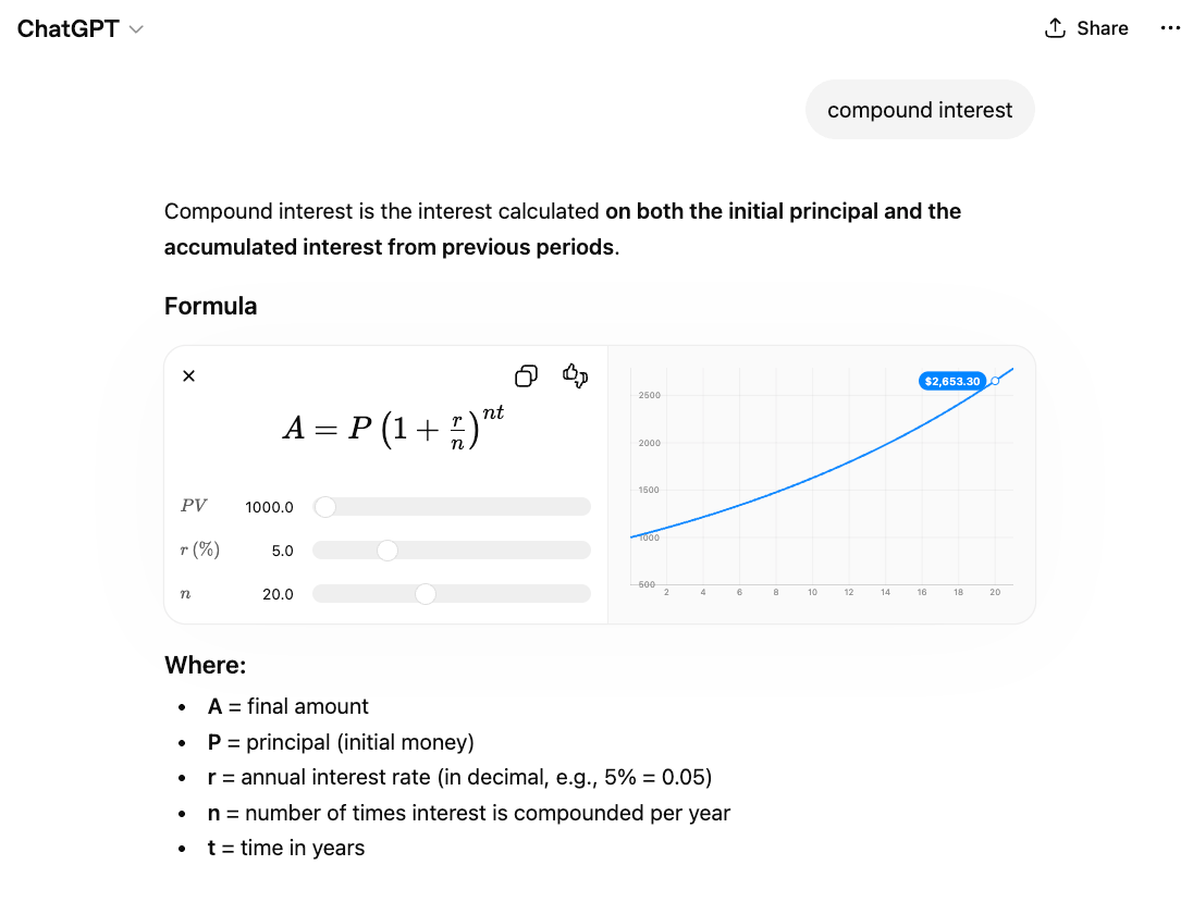 Example of ChatGPT providing information about compound interest from it's memory without triggering search.