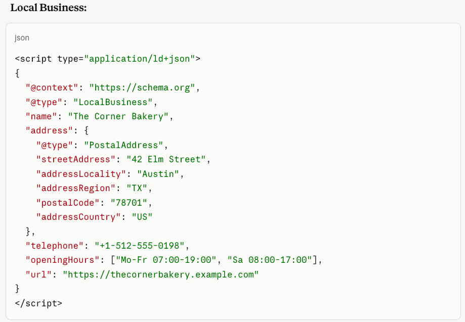 Example of Local Business schema in JSON-LD
