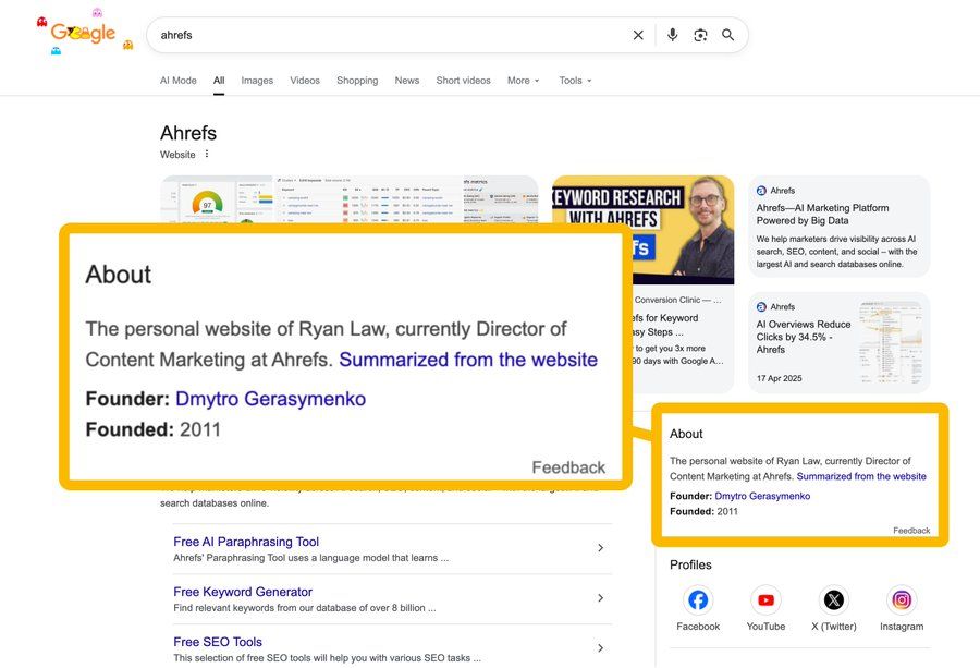 Google accidentally claiming Ahrefs is Ryan Law's personal website due to an error in schema markup