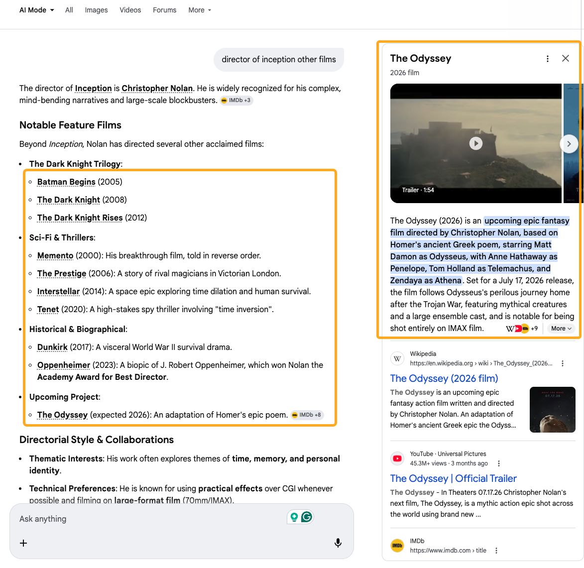 Google's AI Mode with hyperlinked entities in responses and knowledge graph side panel