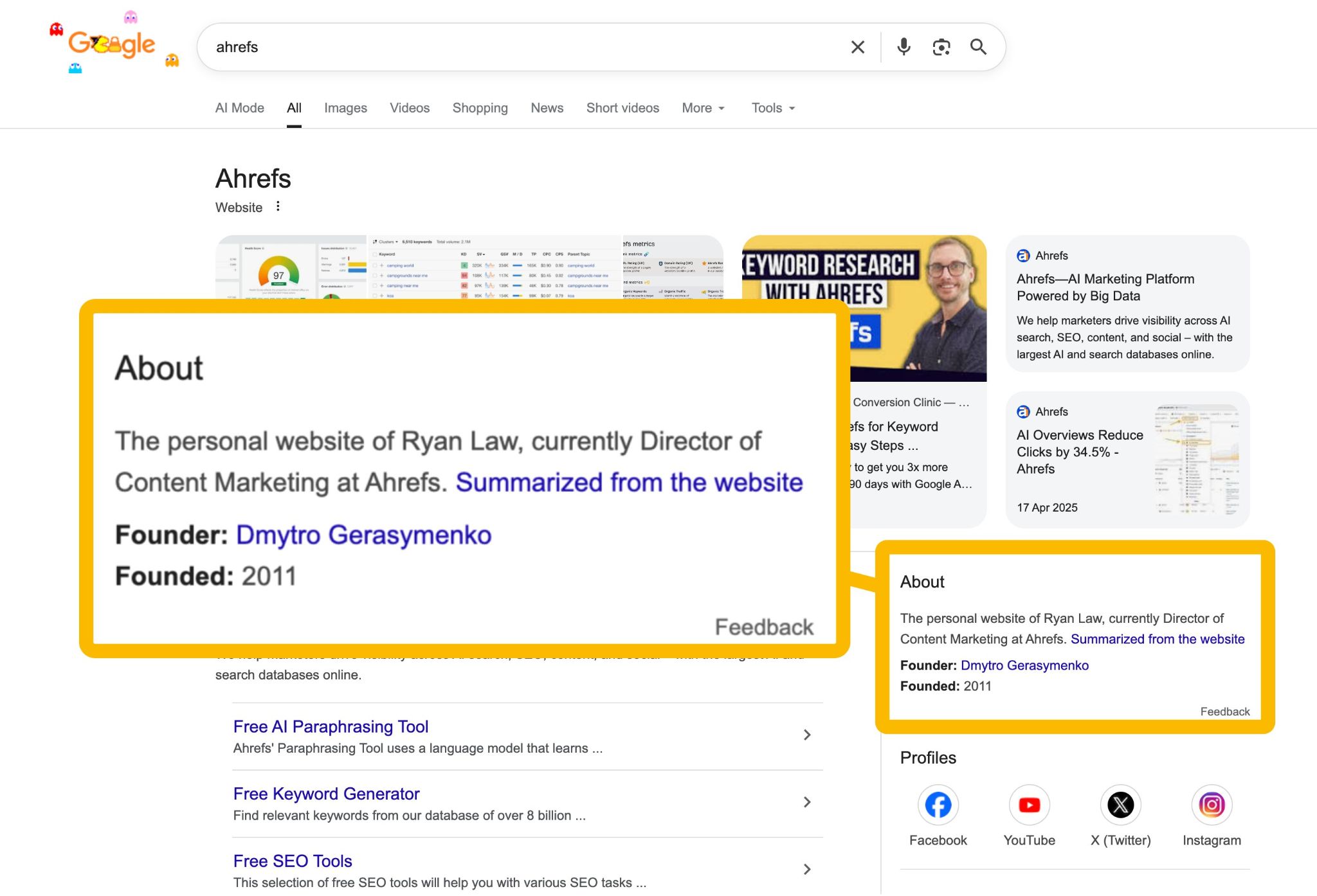 Ryan Law accidentally claiming ownership of Ahrefs' knowledge panel