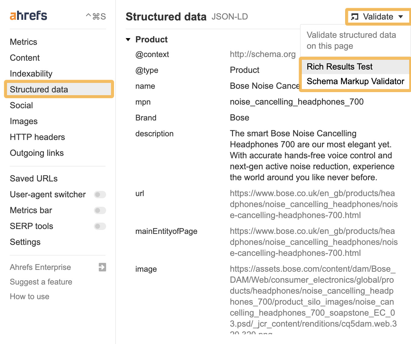 Structured data showing JSON-LD schema, via Ahrefs' SEO Toolbar 