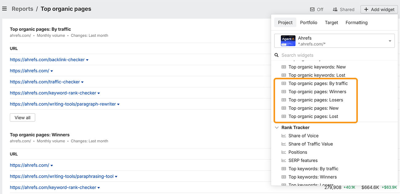 top organic pages report builder