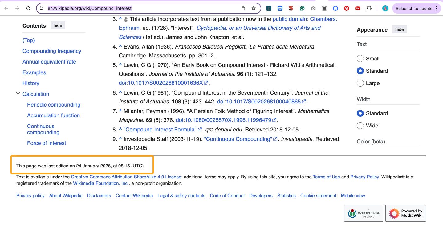 Wikipedia page about compound interest indicating the content was last updated three months ago