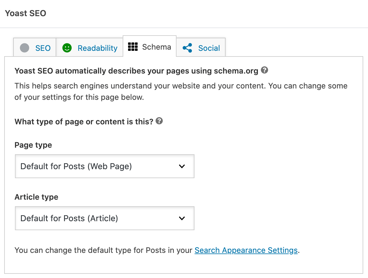 Yoast schema settings, via Yoast SEO plugin 
