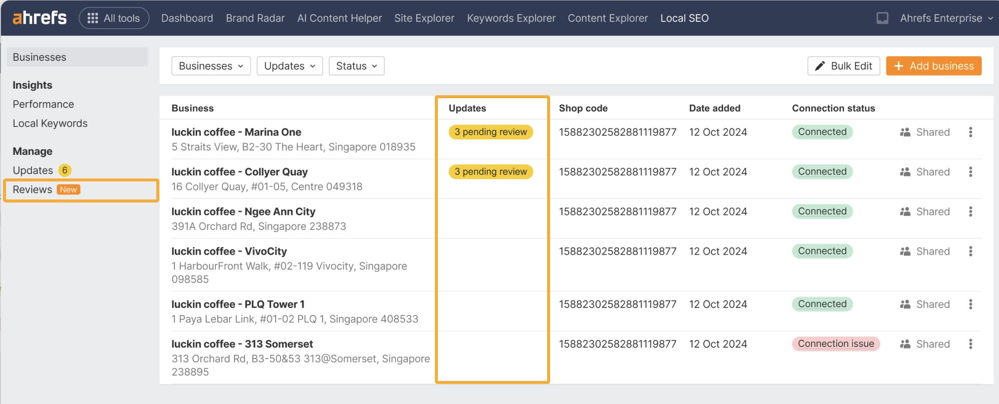 Review management in Ahrefs GBP Monitor