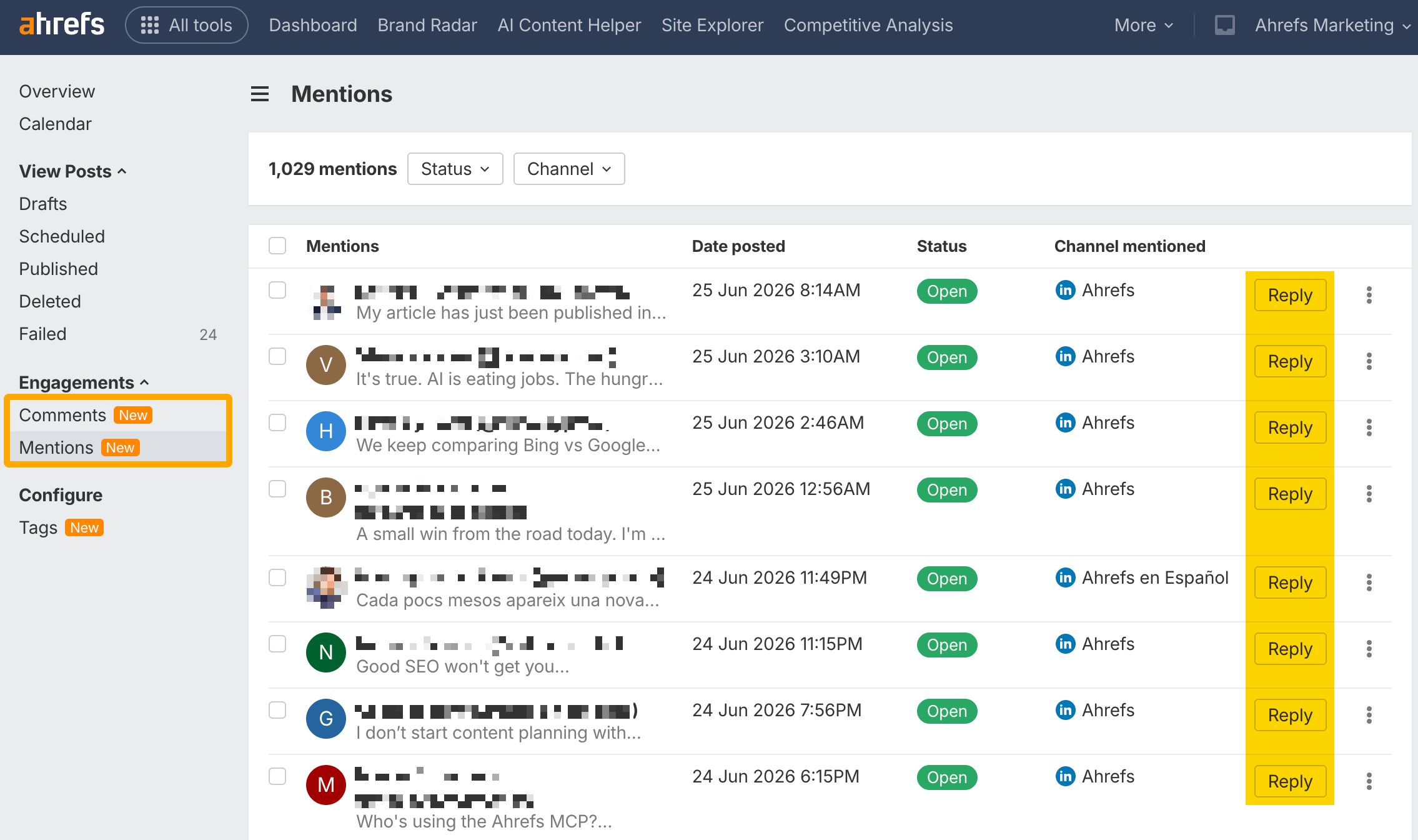 Comments and mentions in Ahrefs Social Media Manager