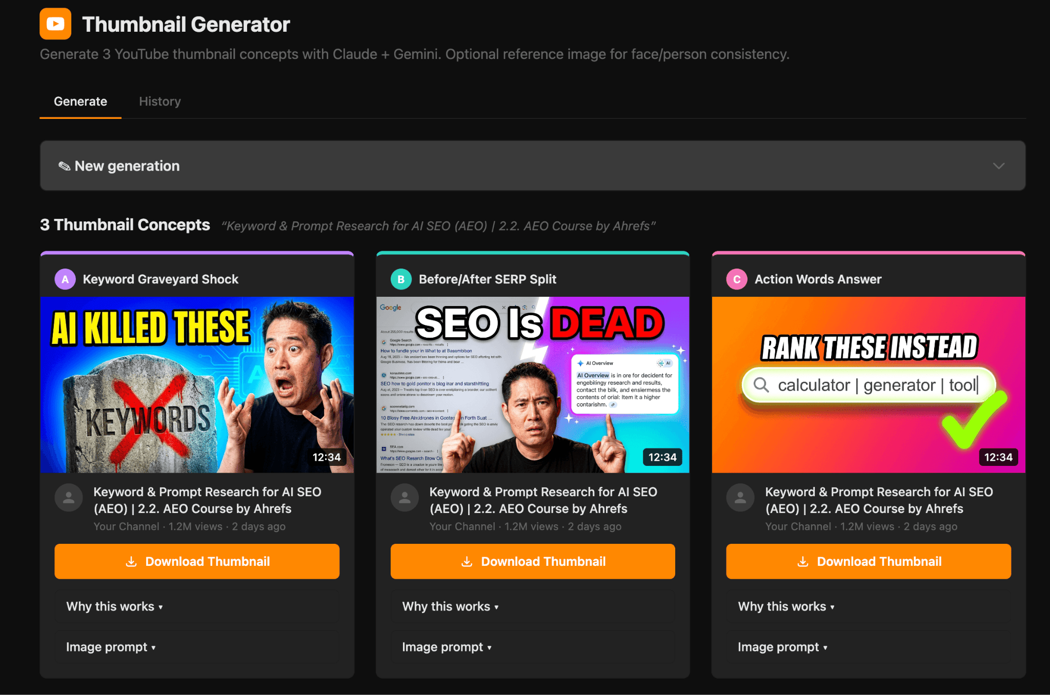 A screenshot of a "Thumbnail Generator" web app displaying three YouTube thumbnail concepts for "Keyword & Prompt Research for AI SEO".