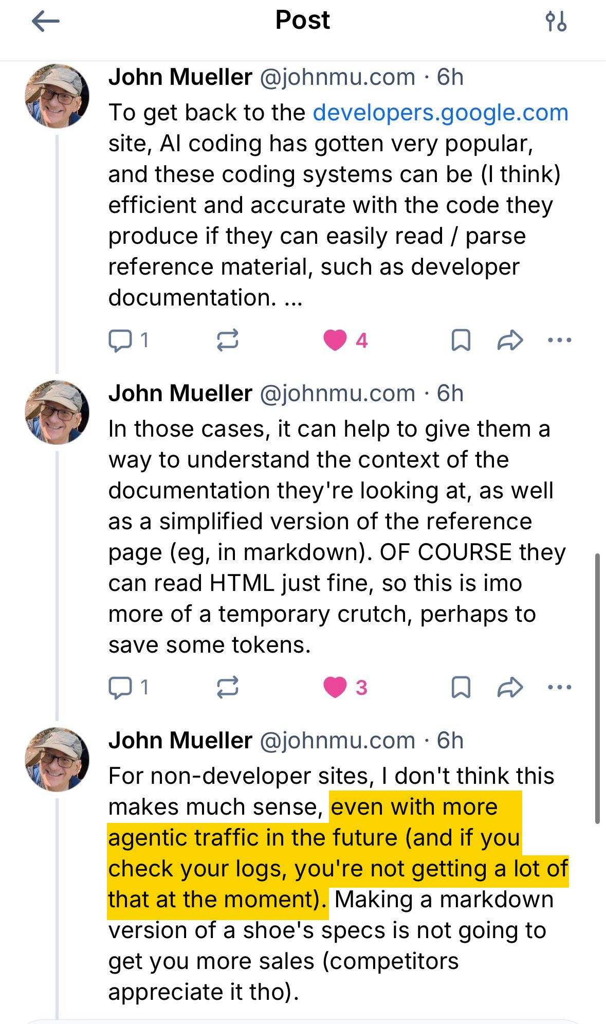 A screenshot of a Twitter thread from John Mueller. The highlighted text says, "even with more agentic traffic in the future (and if you check your logs, you’re not getting a lot of that at the moment)."