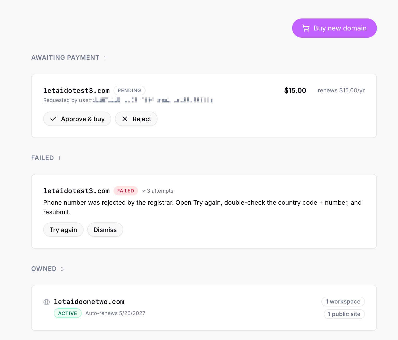 Buying a new domain directly inside Agent A