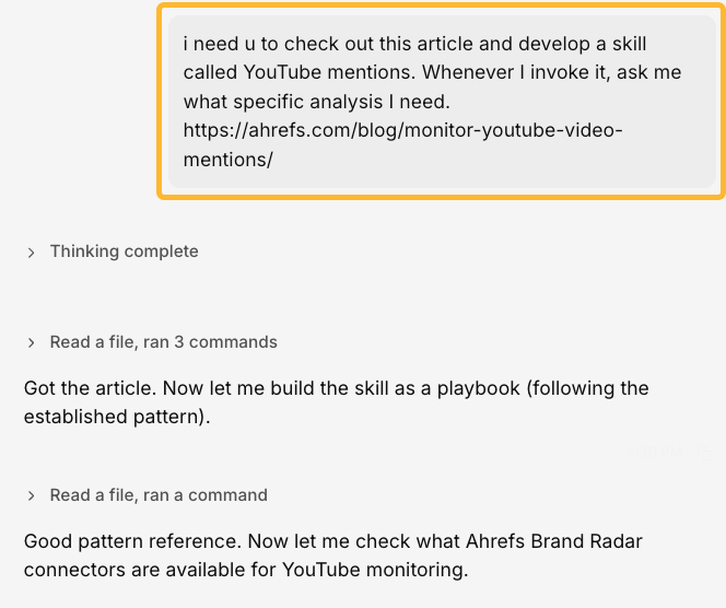 A plain-language prompt turning a guide into a reusable skill