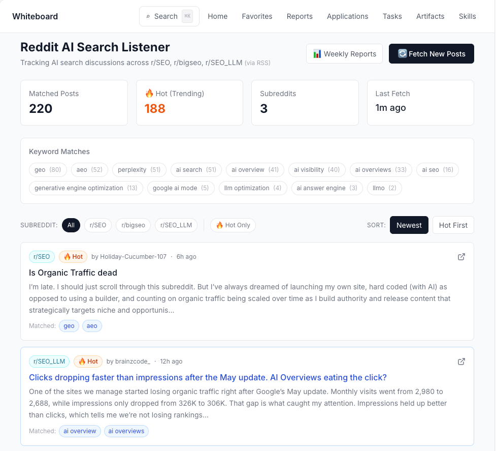 Reddit listening app collecting posts from r/SEO and r/bigseo