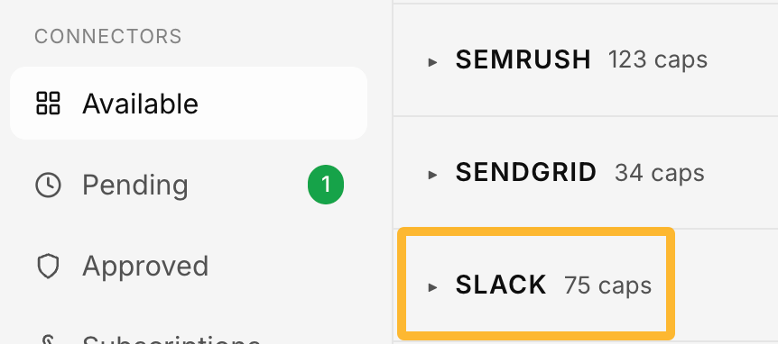 A list of available software connectors with a yellow box highlighting the Slack integration option.