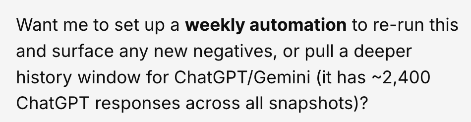 Agent A chat message suggesting a weekly automation to monitor ChatGPT and Gemini brand responses.