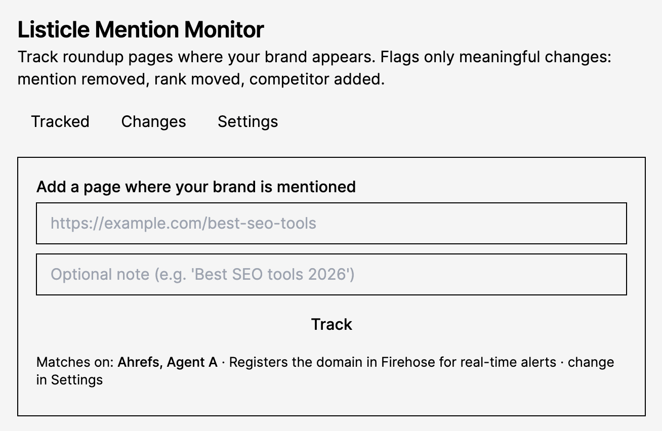 Listicle Mention Monitor tool interface with input fields to add a page URL for tracking.