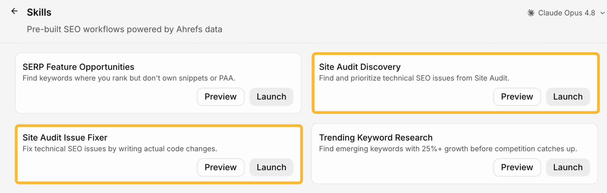 Pre-built SEO workflows in Agent A, highlighting Site Audit Discovery and Site Audit Issue Fixer skills.