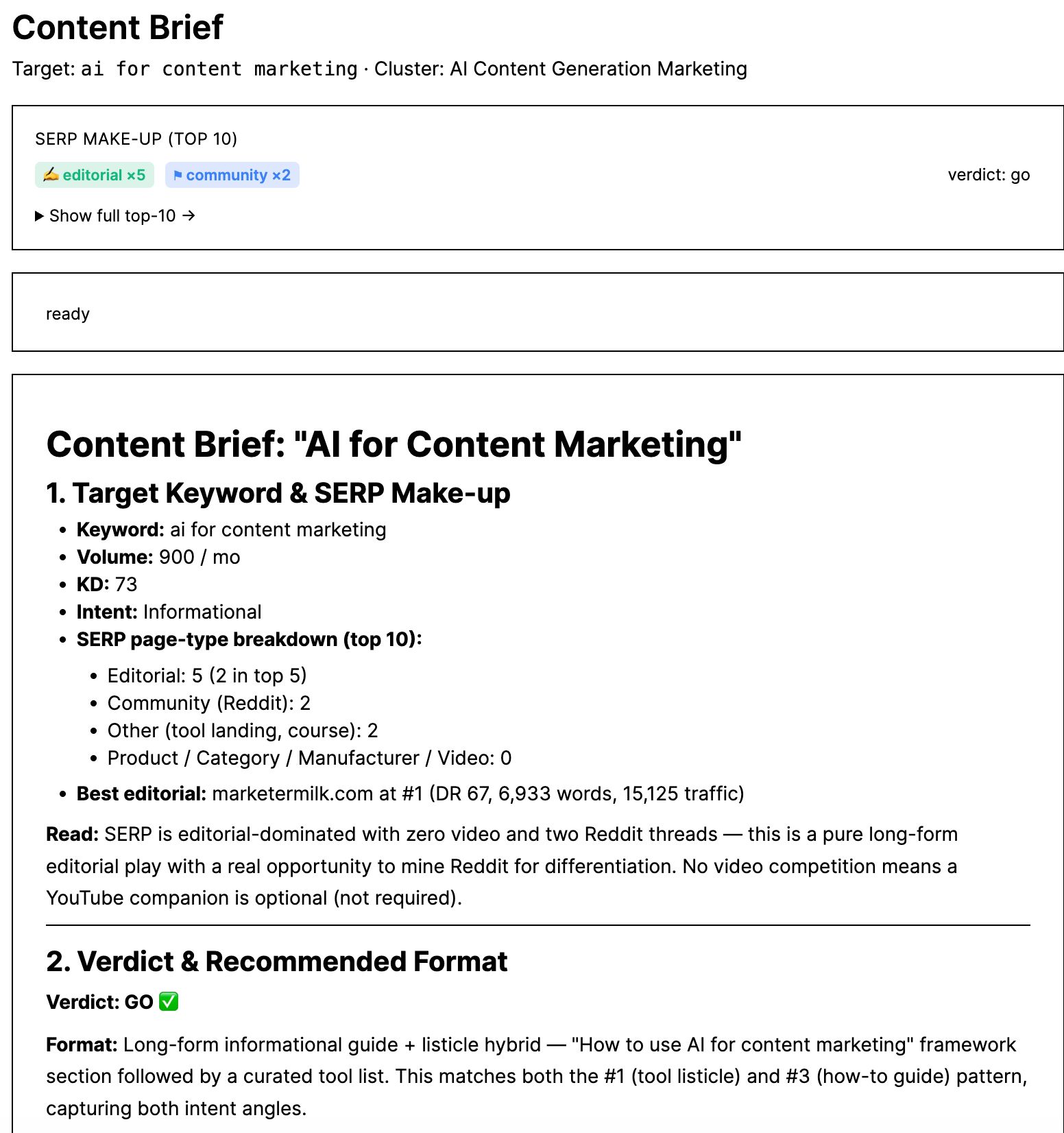 A content brief interface showing target keyword metrics, SERP breakdown, and recommended content formats.