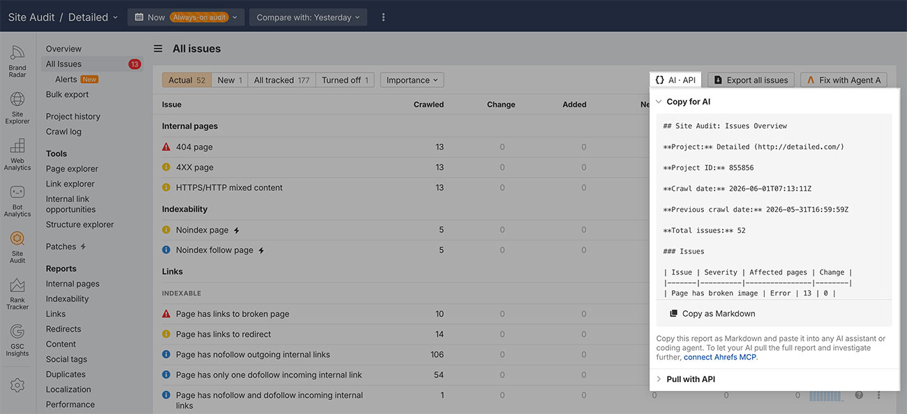 copy for ai site audit issues