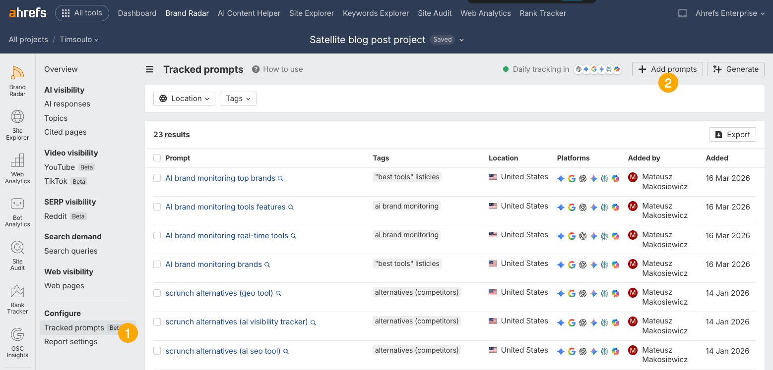 Ahrefs Brand Radar interface showing the Tracked prompts panel and the add prompts button