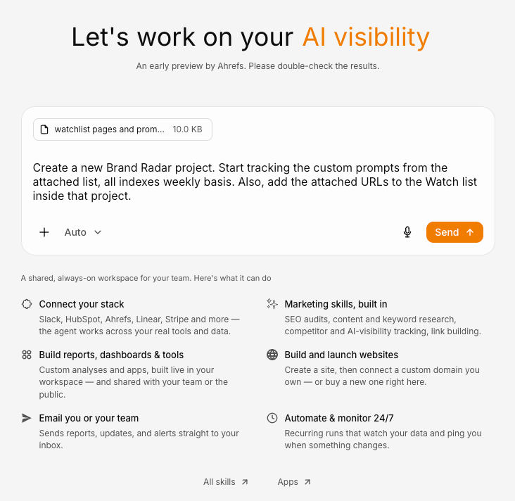 Asking Letaido to create a Brand Radar project, track custom prompts, and add URLs to a watchlist