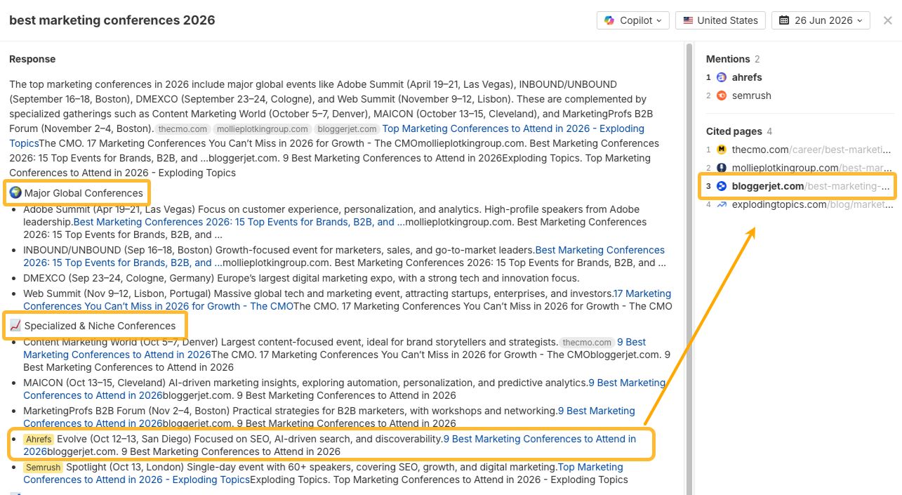 AI tools naming Ahrefs Evolve as a specialized SEO conference when answering broader marketing conference queries
