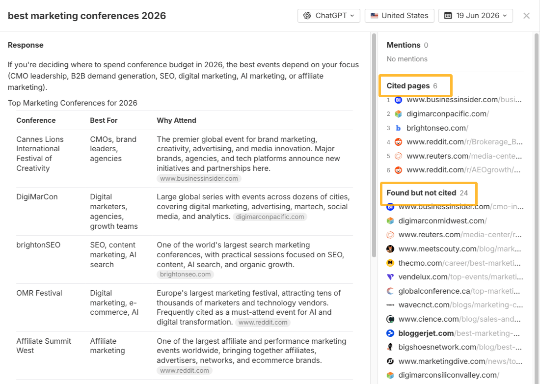Brand Radar Cited pages report detail view of page visibility across AI assistants