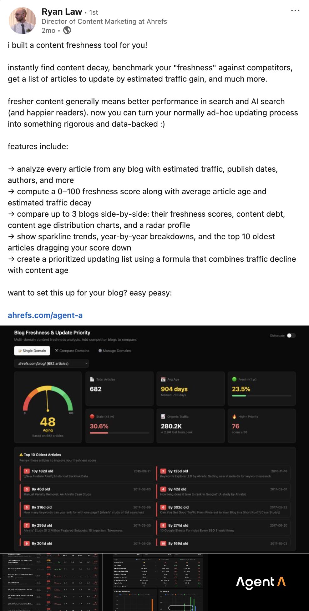 LinkedIn post from Ryan Law (Ahrefs) about a new content freshness tool with screenshots of its features.