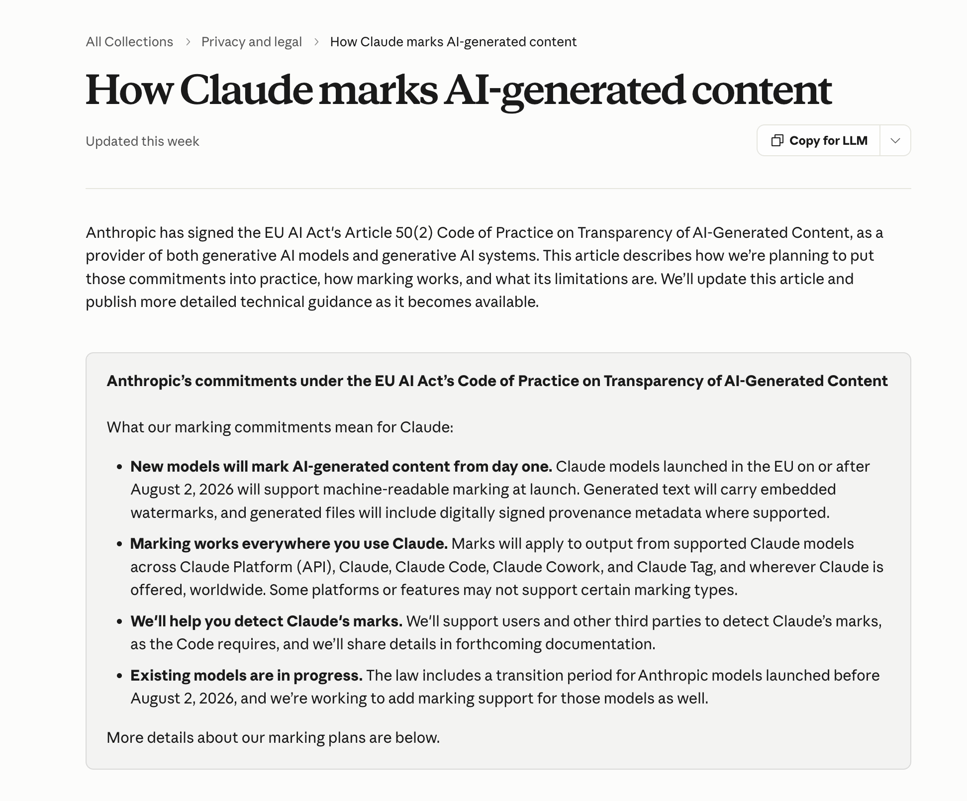Screenshot of Anthropic's support article titled