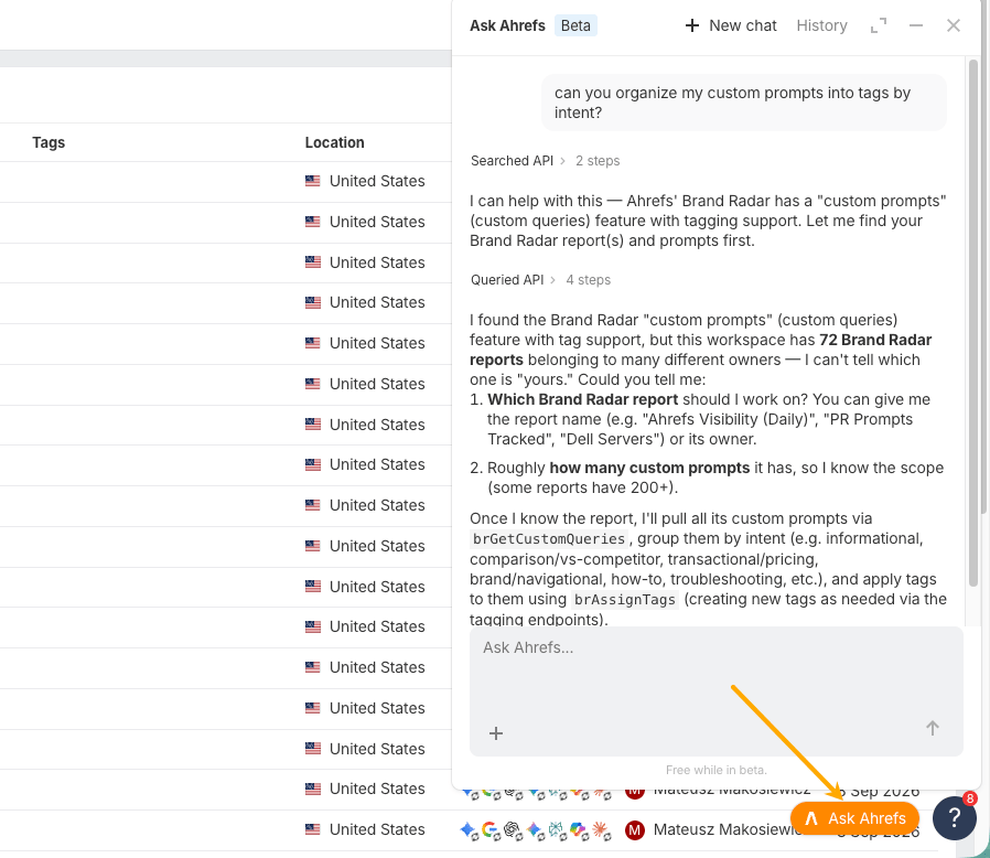 Ask Ahrefs chat asking to organize Brand Radar custom prompts into tags by intent