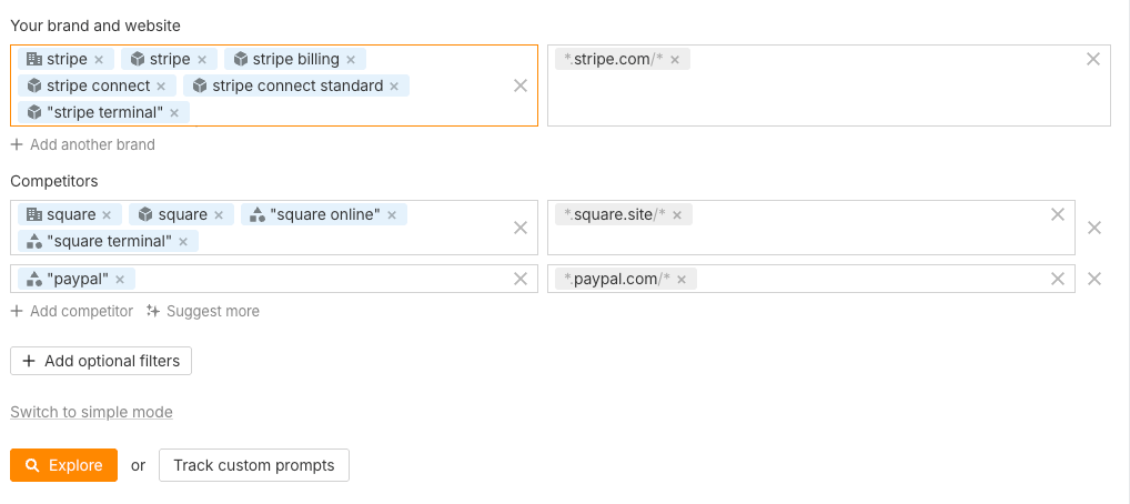 Brand Radar setup form with Stripe entities and domain, plus Square and PayPal competitors selected