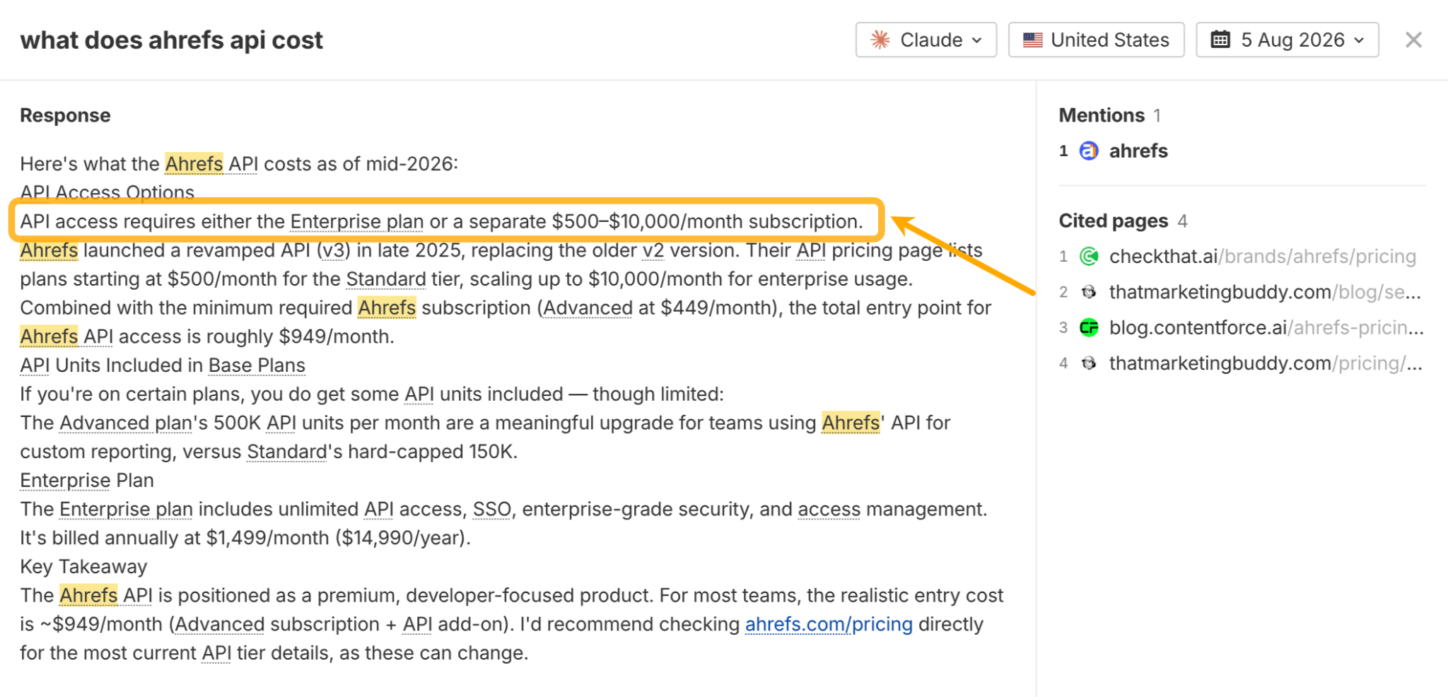 Claude answer to "what does ahrefs api cost" with inaccurate API pricing highlighted and four cited pages listed