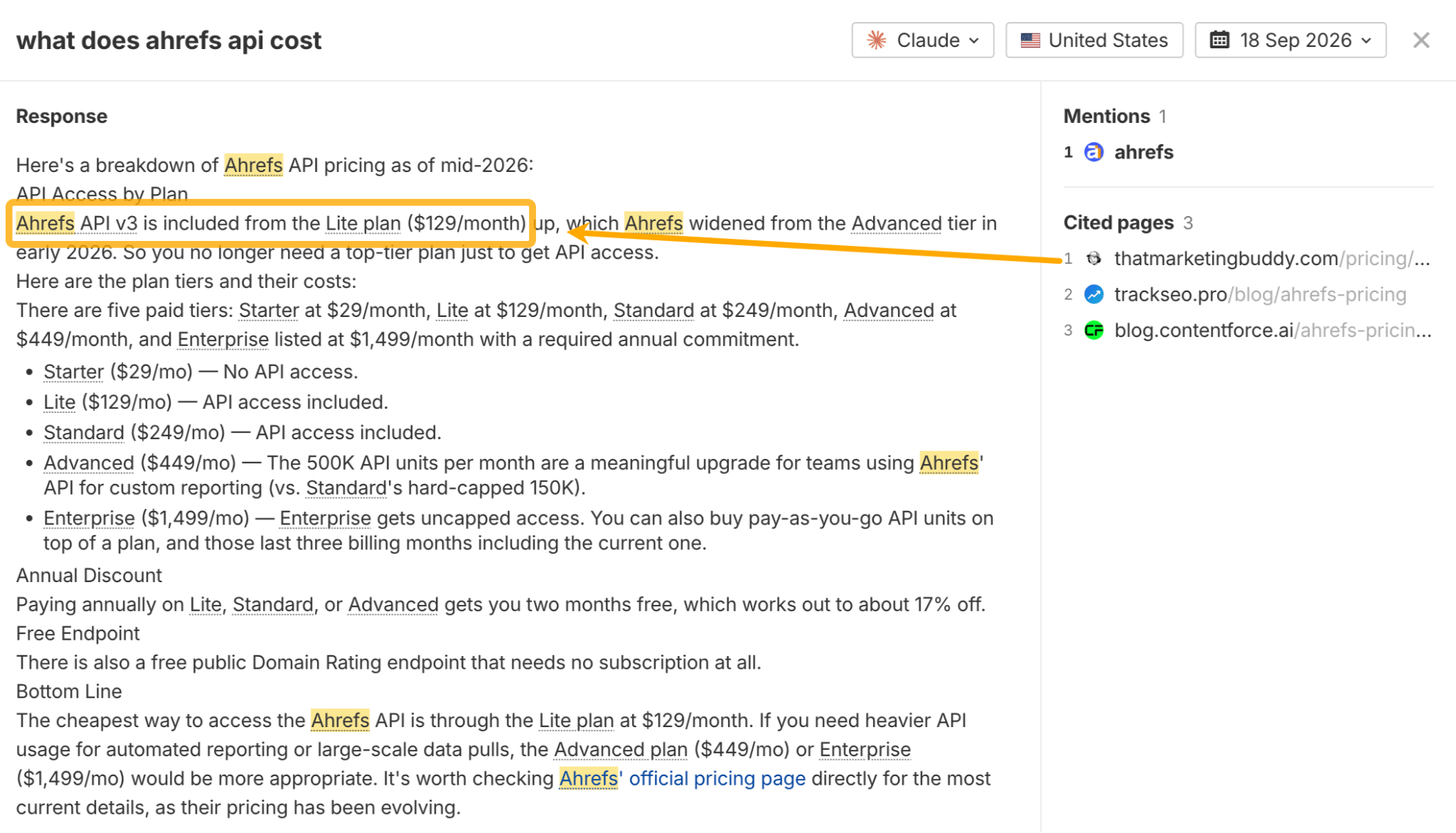 Brand Radar Claude response to "what does ahrefs api cost" with highlighted pricing and three cited pages