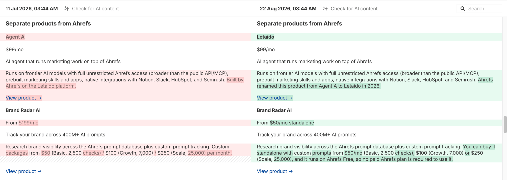 Side-by-side page version comparison showing Agent A renamed Letaido and Brand Radar AI pricing corrected to $50/mo