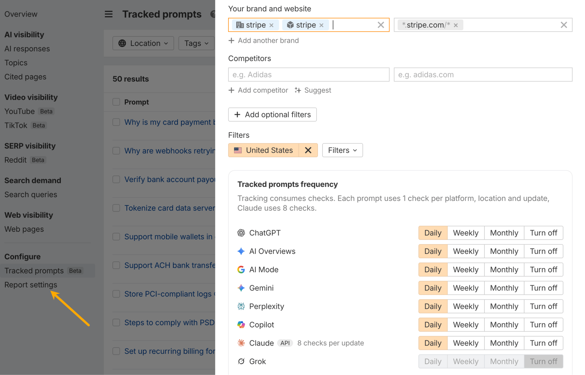 Brand Radar report settings showing tracked prompts frequency set to daily for ChatGPT, AI Overviews, Gemini and other AI platforms