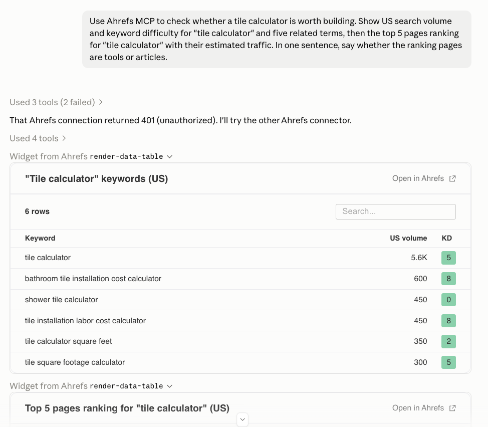 Claude chat using Ahrefs MCP to show US volume and keyword difficulty for "tile calculator" and related keywords