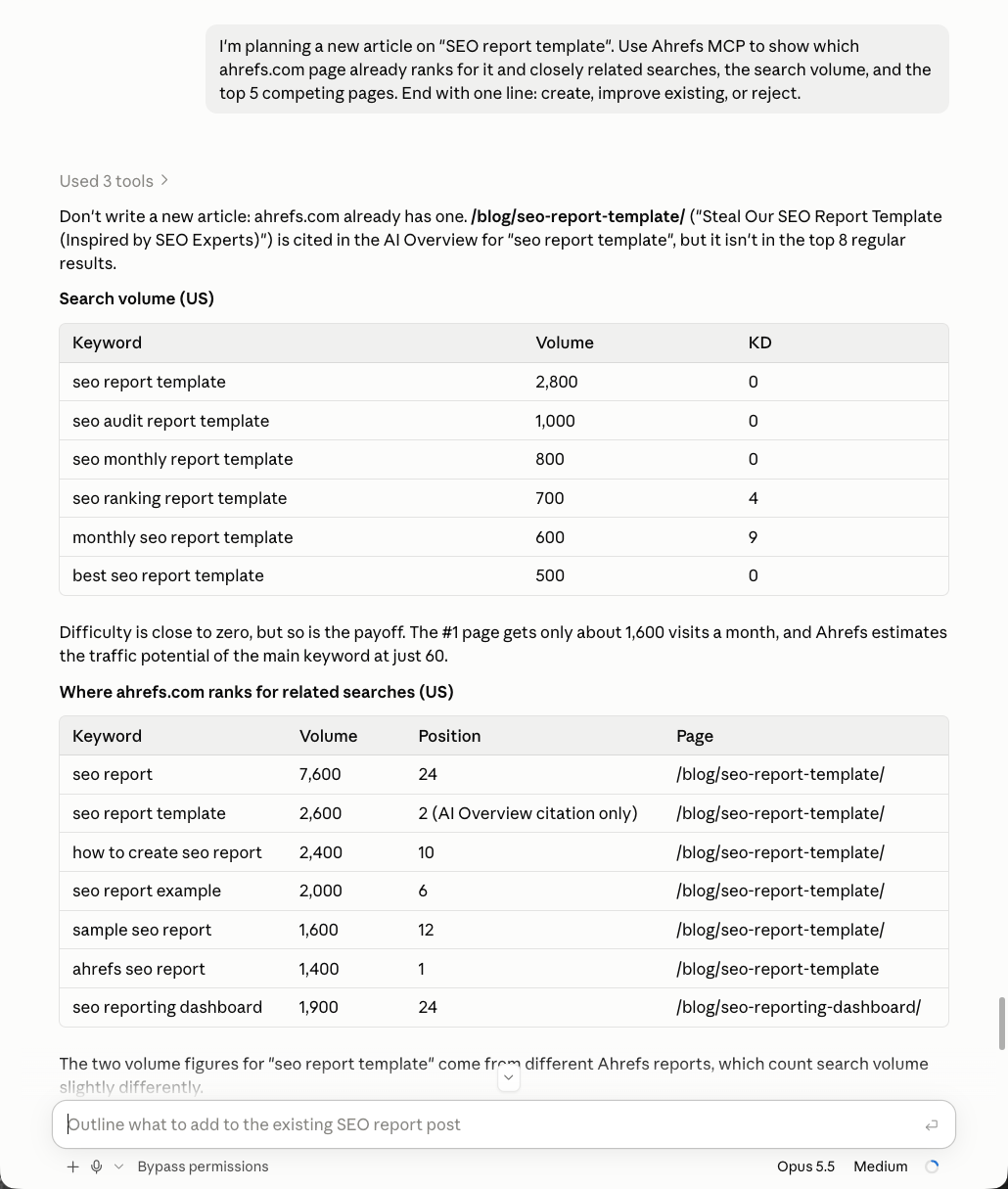 Claude session using Ahrefs MCP to check existing ahrefs.com rankings and volume for "seo report template", advising not to write a new article
